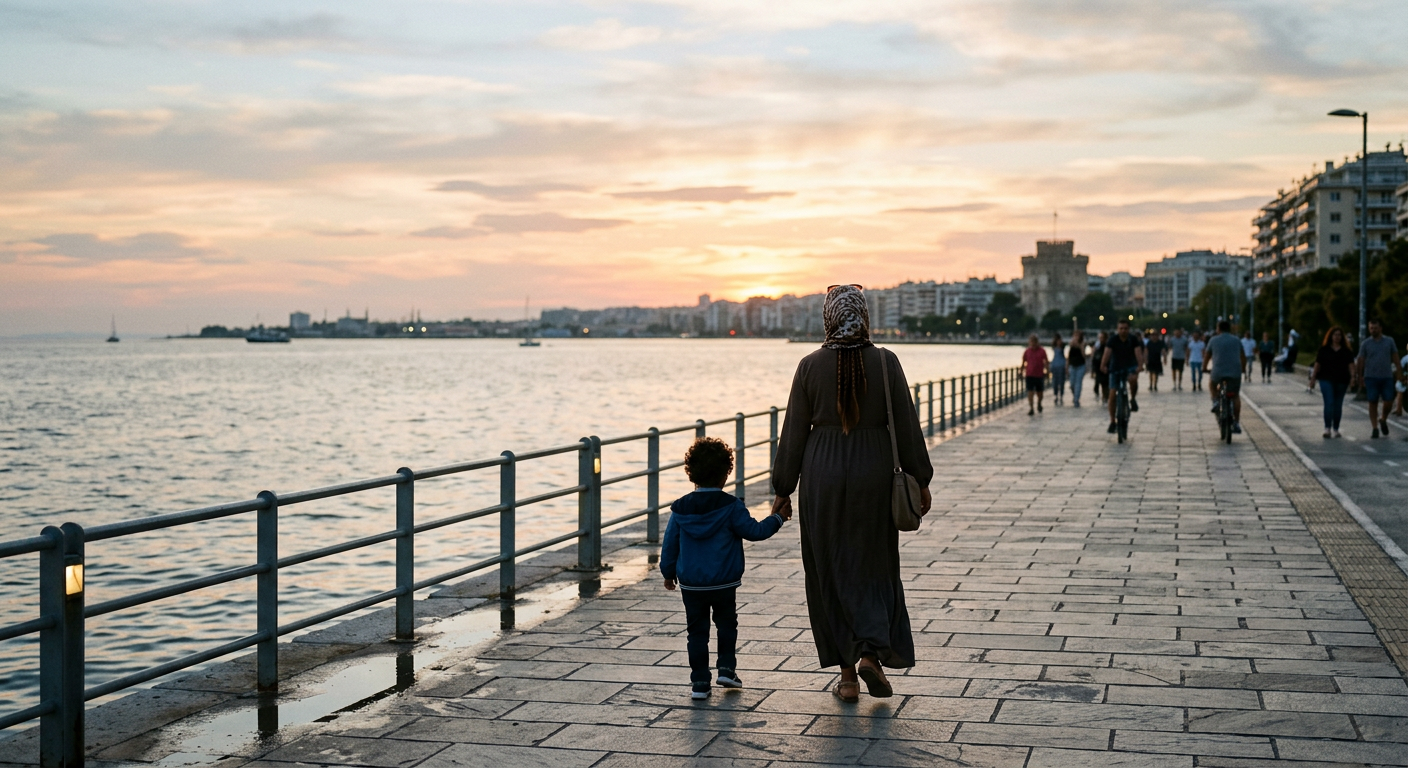 A mother and young son walk hand in hand along the Thessaloniki seafront at sunset